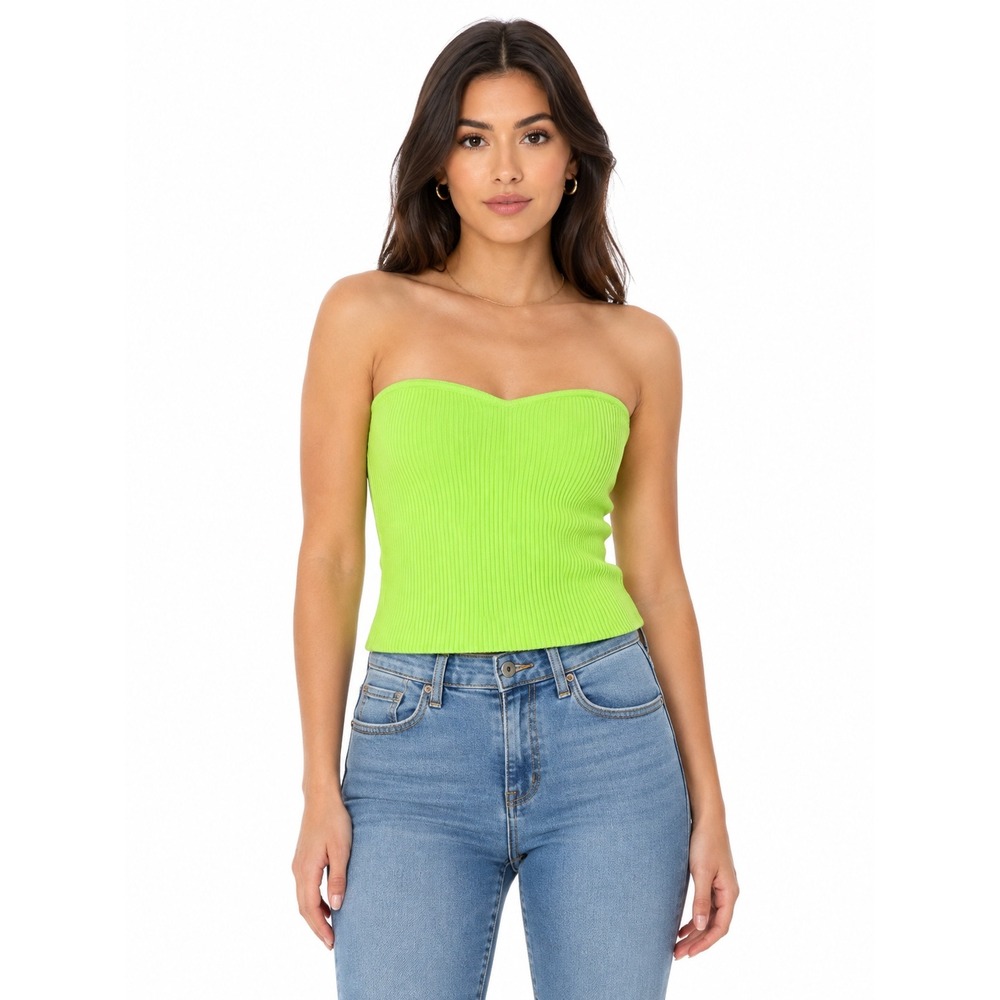 Express Neon Green Ribbed Sweetheart Tube Top Strapless Knit Bodice Small NEW